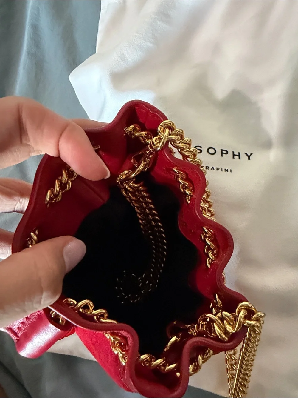 Philosophy di Lorenzo Serafini Red Suede Mini Bucket Bag w Gold Chain / Wristlet